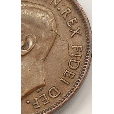 AUSTRALIA 1950Y. HALF 1/2 PENNY . VARIETY . WIRE IN DIE and DIE CRACKS